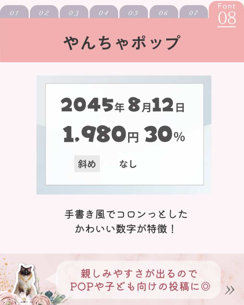 Canvaビジネス活用 やんちゃポップフォントで表示された可愛らしいデザインの数字の例