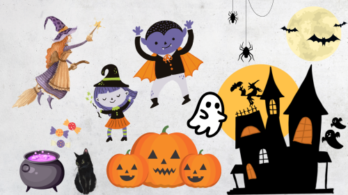 ハロウィンのカボチャ、おばけ、魔女、コウモリのイラスト
